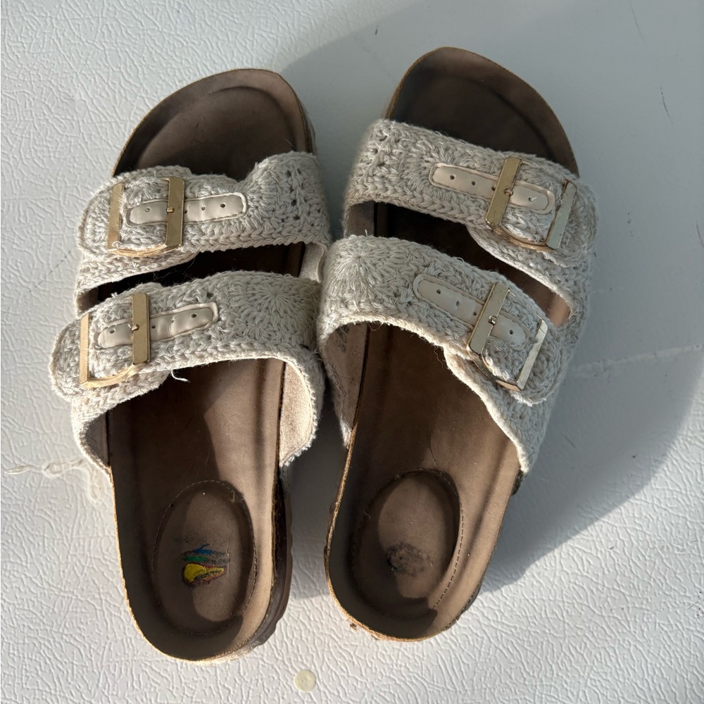White Knit Buckle Sandals